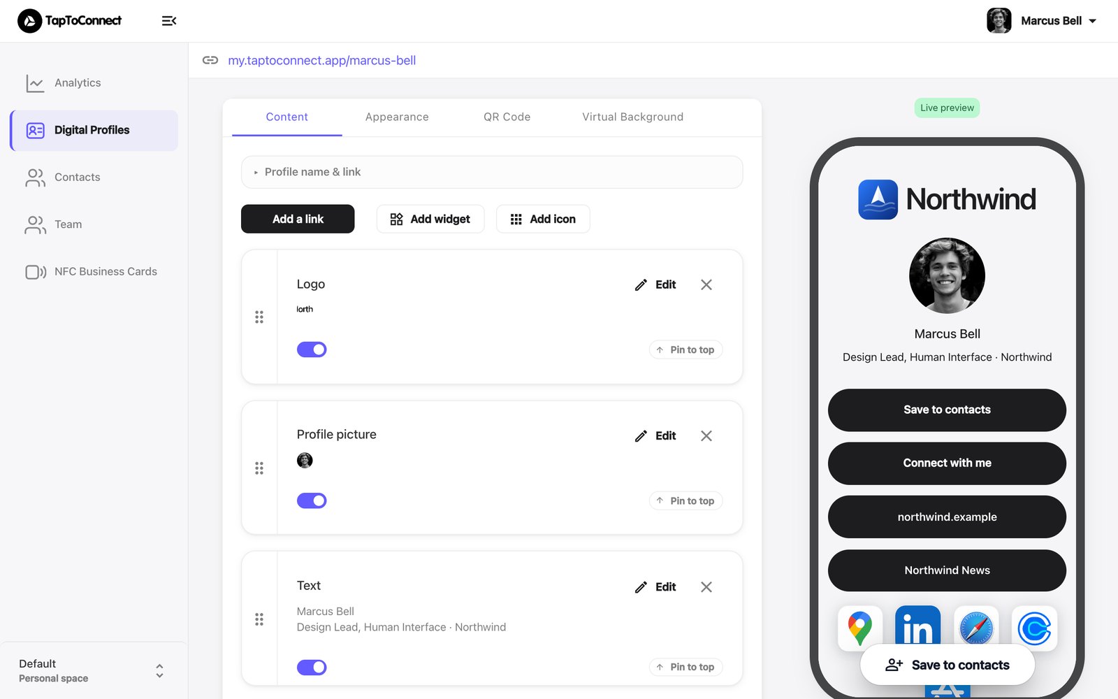 The editor with your profile's blocks on the left and the live preview on the right