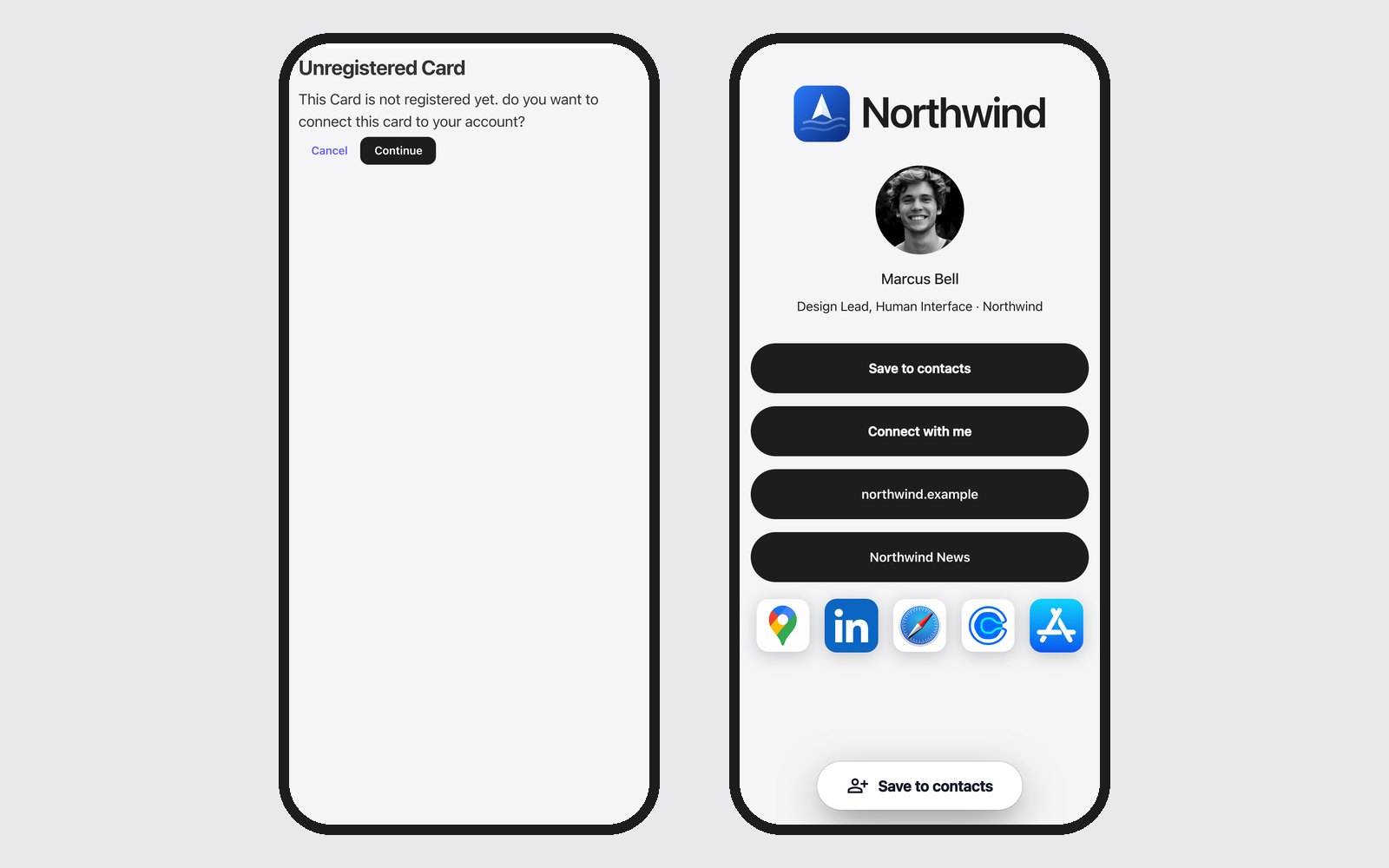 Left: tapping a new card for the first time. Right: the profile that opens afterwards