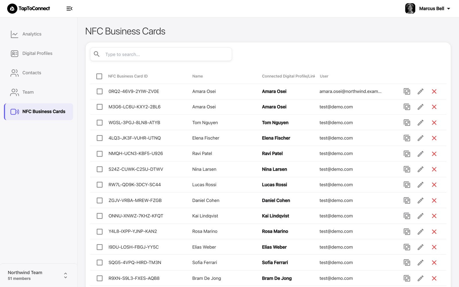 The NFC Business Cards page