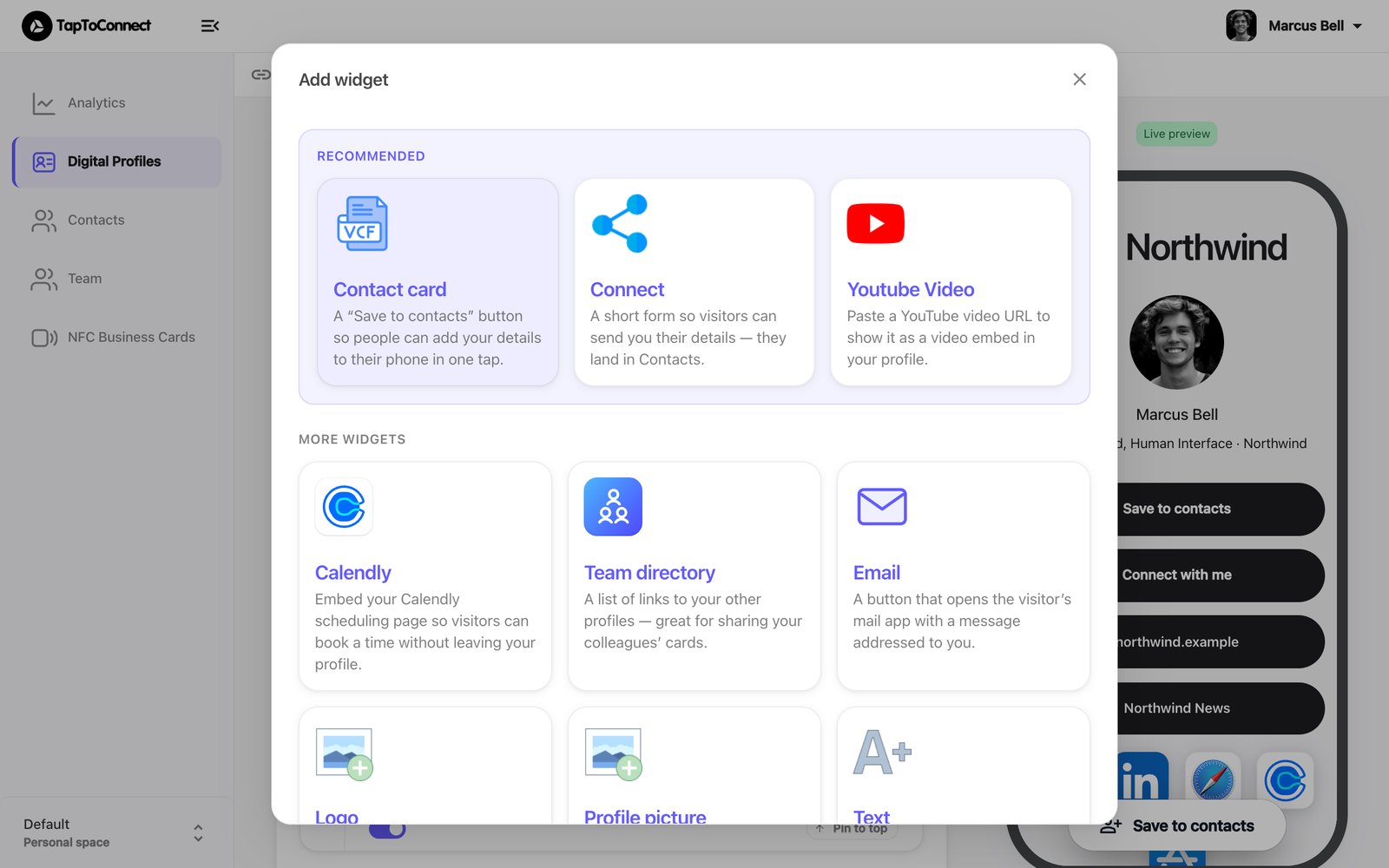 The Add widget window